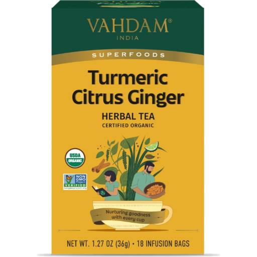 Vahdam Organic Tea Bags Turmeric Citrus Ginger 18 Pack 36g