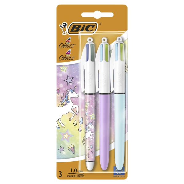 BIC 4 Colours Ballpoint Pens Fun & Unicorn Edition 3 Pack