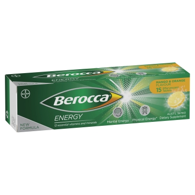 Berocca Effervescent Tablets Energy Vitamin B & C Mango & Orange Flavour 15 Pack