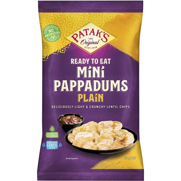 Patak's Pappadums Mini Plain Ready To Eat 75g