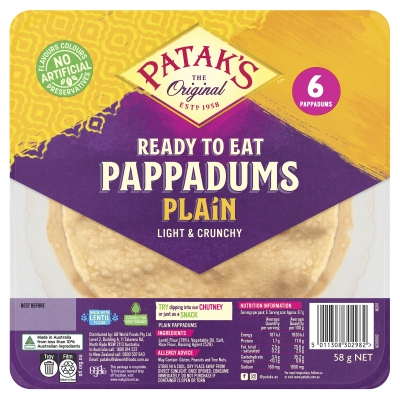 Patak's Pappadums Ready To Eat Plain 6 Pack 58g