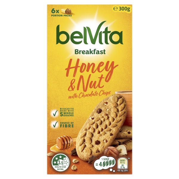 Belvita Breakfast Biscuits Honey & Nut With Chocolate Chips 6 Pack 300g