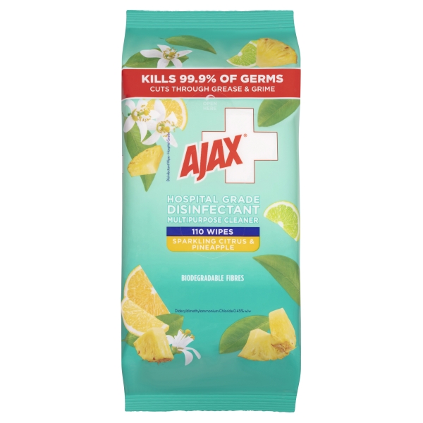 Ajax Hospital Grade Disinfectant Multipurpose Wipes Citrus & Pineapple 110 Pack