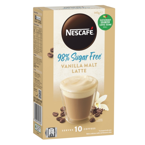 Nescafe Sachets Vanilla Malt Latte 98% Sugar Free 10pk