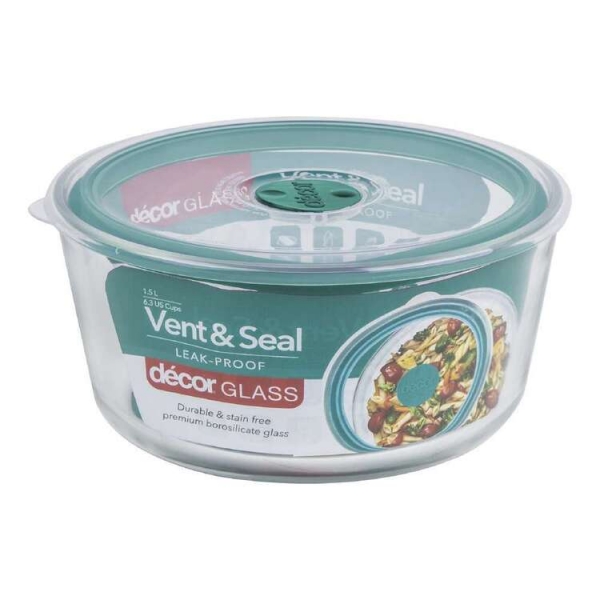 Decor Glass Vent & Seal Round Container 1.5lt