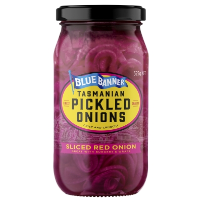 Blue Banner Tasmanian Pickled Onions Sliced Red 525g