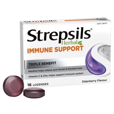 Strepsils Lozenges Herbal Immune Support Elderberry 16 Pack