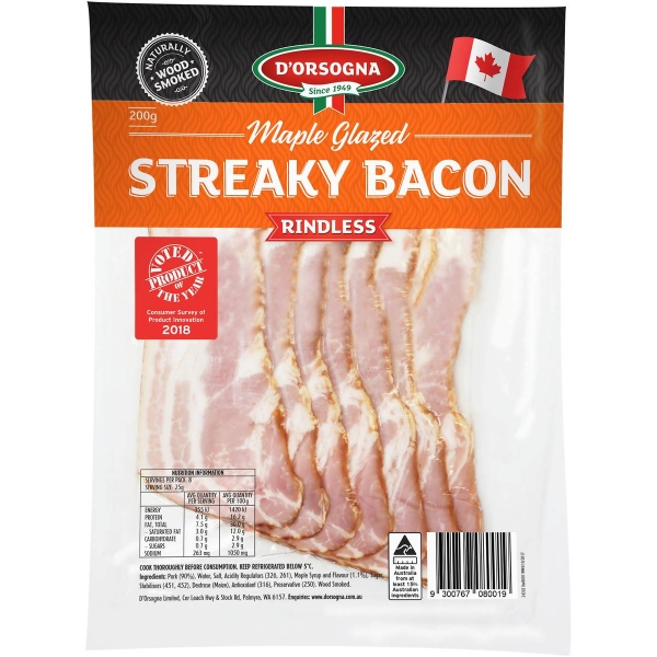 D'Orsogna Maple Glazed Streaky Bacon 200g