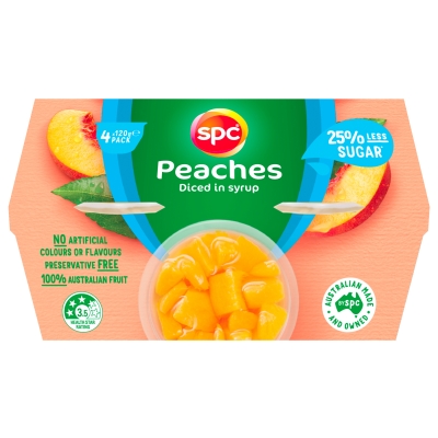 SPC Peaches Diced in Syrup 25% Less Sugar 4 x 120g