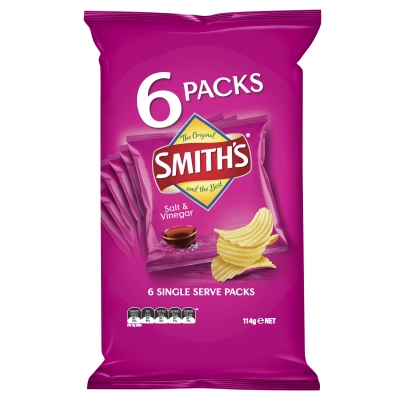 Smith's Crinkle Cut Salt & Vinegar Chips 6 Pack 114g