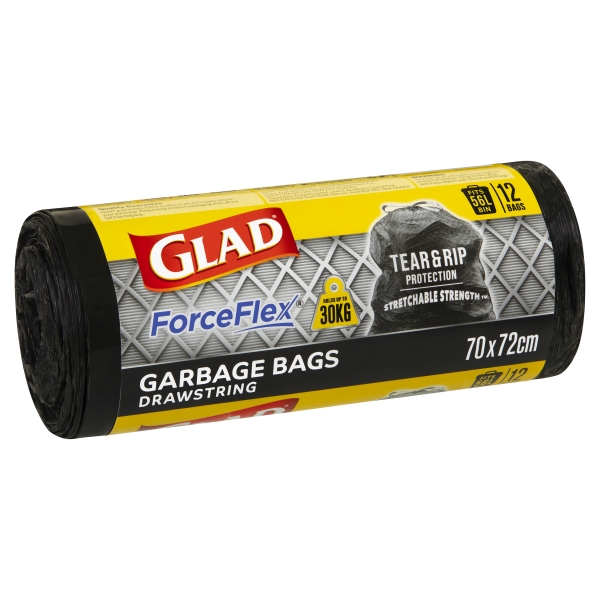 Glad Forceflex Garbage Bags Drawstring 56Lt 12 Pack