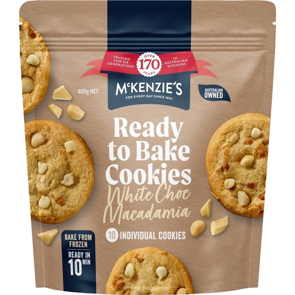 McKenzie's Ready To Bake Cookies White Choc Macadamia 10 Pack 400g