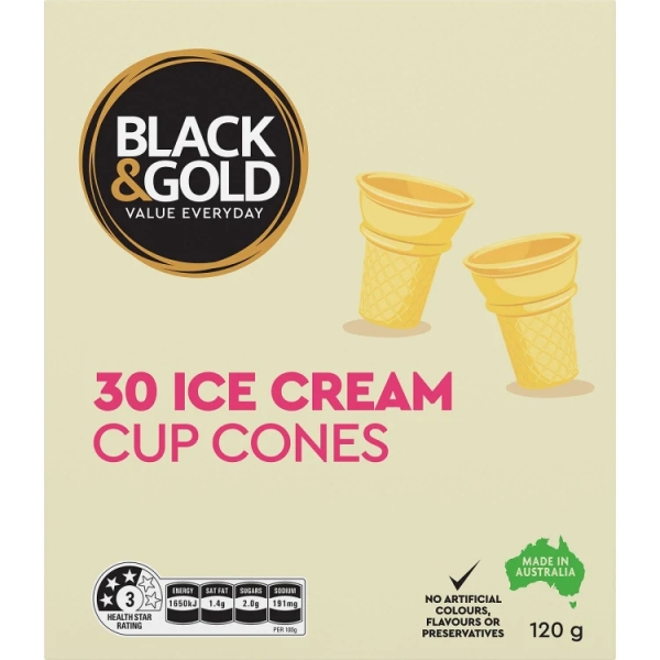 Black & Gold Ice Cream Cones Cups 30 Pack