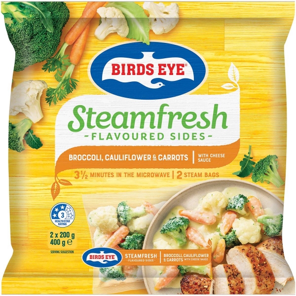 Birds Eye Steam Fresh Broccoli Cauliflower & Carrots With Cheese Sauce 2 Packs 400g