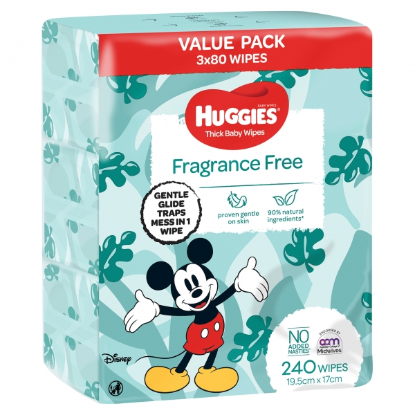 Huggies Baby Wipes Unscented 3 x 80 Pack