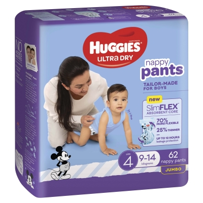 Huggies Ultra Dry Nappy Pants Boy Size 4 9-14kg 62 Pack