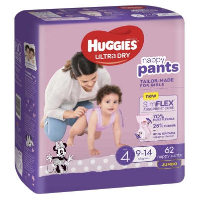 Huggies Ultra Dry Nappy Pants Girl Size 4 9-14kg 62 Pack