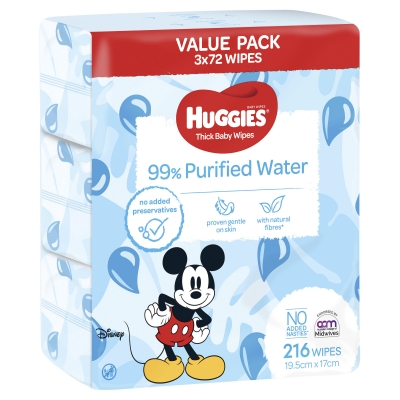 Huggies Baby Wipes 99% Purified Water 3 x 72 Pack