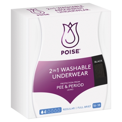 Poise 2 In 1 Washable Underwear Black Size 16-18 1 Pack