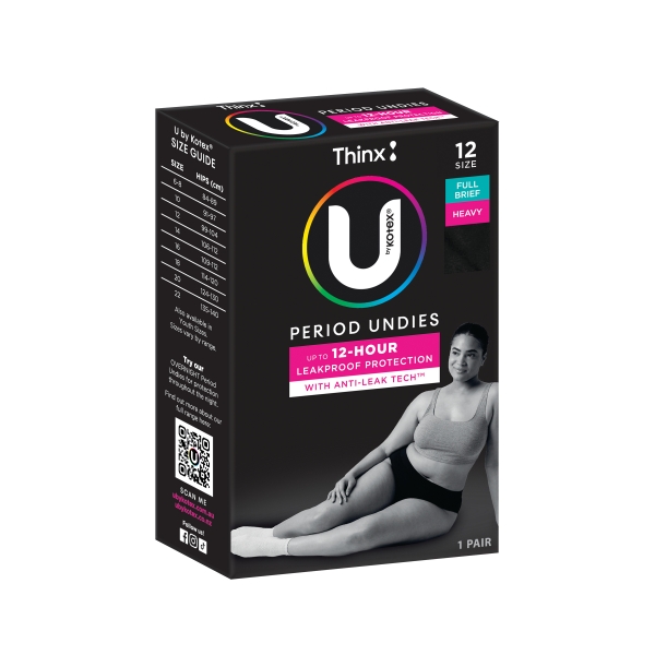 U by Kotex Period Undies Black Full Brief Heavy Size 12