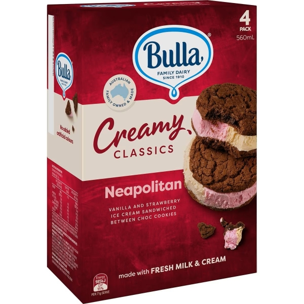 Bulla Creamy Classics Ice Cream Sandwich Neopolitan 4 Pack