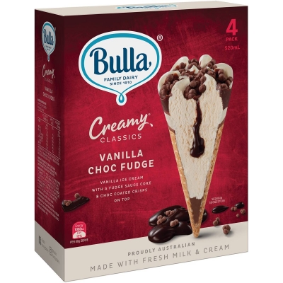 Bulla Ice Cream Creamy Classics Vanilla Choc Fudge 4 Pack