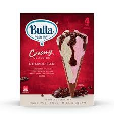 Bulla Ice Cream Classic Cones Neapolitan 4 Pack 520ml