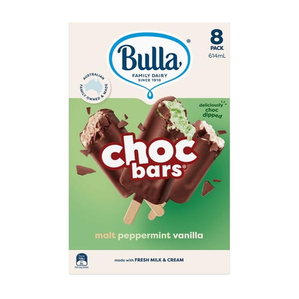 Bulla Ice Cream Choc Bars Malt Peppermint Vanilla 8 Pack