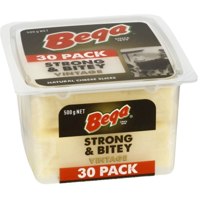 Bega Cheese Cheddar Strong & Bitey Vintage Slices 30 Pack 500g