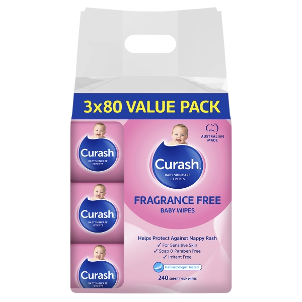 Curash Baby Wipes Fragrance Free 3 x 80 Pack