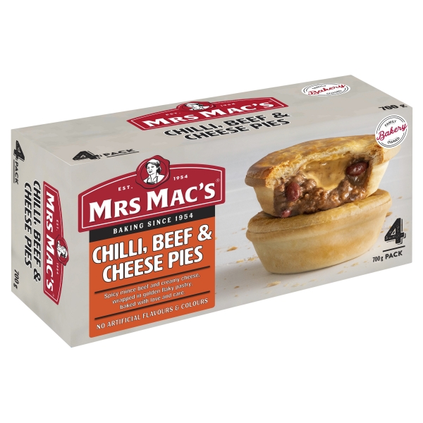 Mrs Mac's Chilli Beef & Cheese Pies 4 Pack 700g