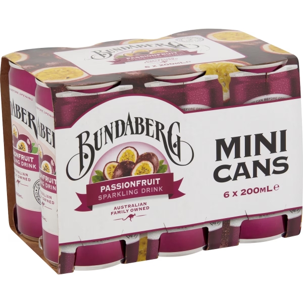 Bundaberg Sparkling Passionfruit 6 x 200ml Mini Cans