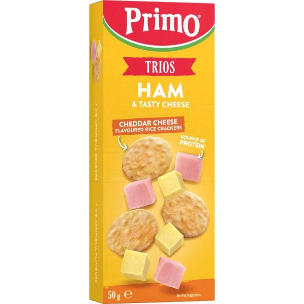 Primo Trios Ham, Cheese Rice Crackers & Tasty Cheese 50g