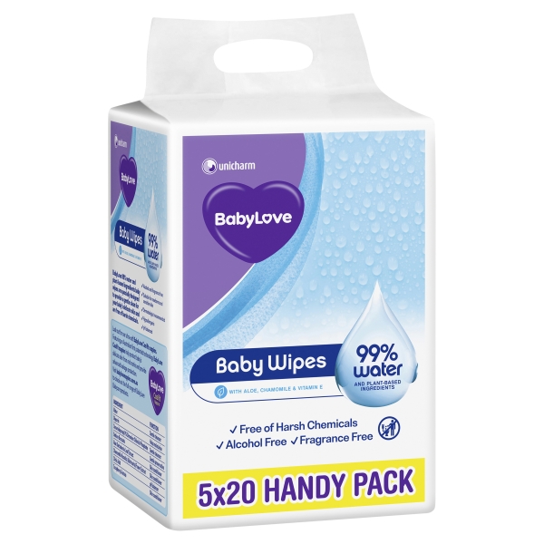 Babylove Baby Wipes 99% Water 5 x 20 Pack