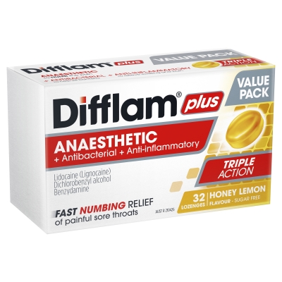 Difflam Plus Anaesthetic Sore Throat Lozenges Honey & Lemon Flavour 32 Pack