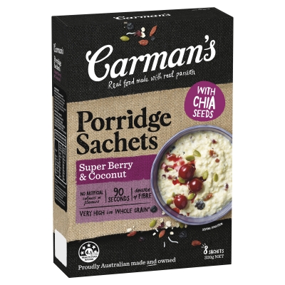 Carman's Porridge Sachets Super Berry & Coconut 8 Pack 320g