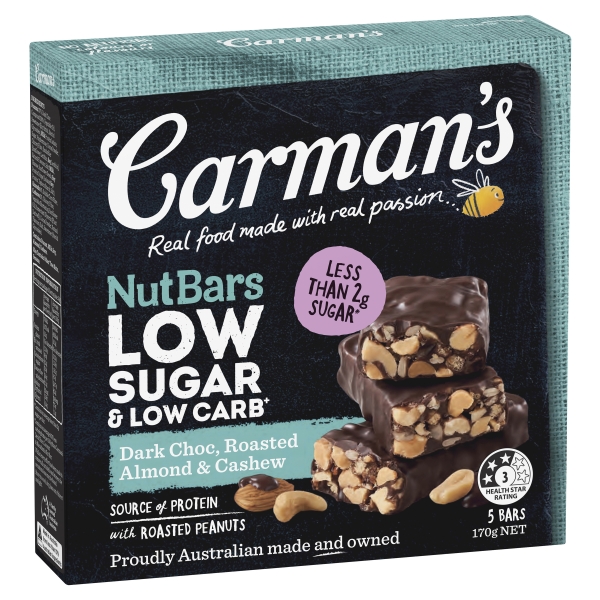 Carman's Nut Bars Low Sugar Carb Dark Choc, Roasted Almond & Cashew 5 Pack 170g