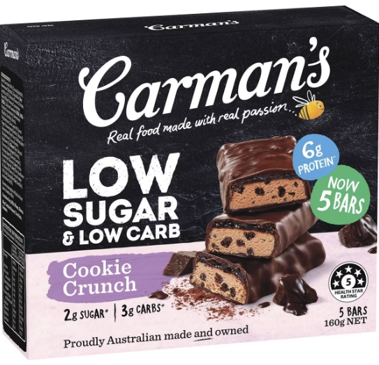 Carman's Bar Low Sugar & Low Carb Cookie Crunch 5 Pack 160g