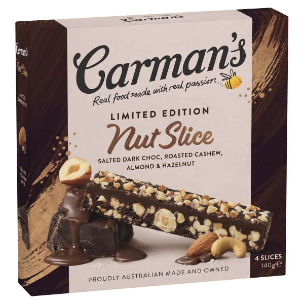 Carman's Nut Slice Salted Dark Choc, Roasted Cashew, Almond & Hazelnut 4 Pack 140g