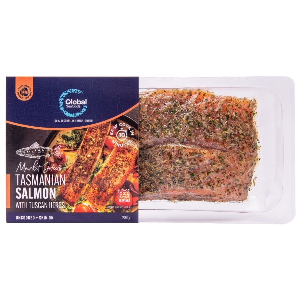 Global Seafoods Tasmanian Salmon Skin On Fillets Tusacan Herbs 280g