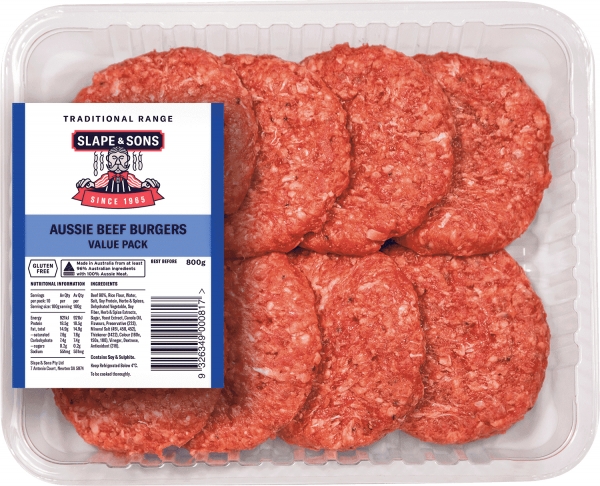 Slape & Sons Aussie Beef Burgers Value Pack 800g