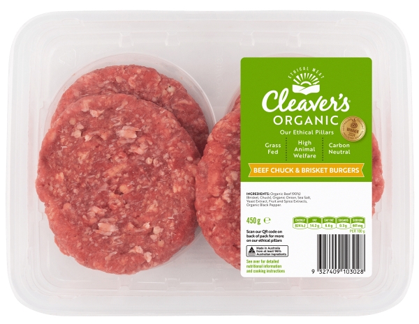 Cleaver's Organic Beef Chuck & Brisket Burgers 4 Pack 450g