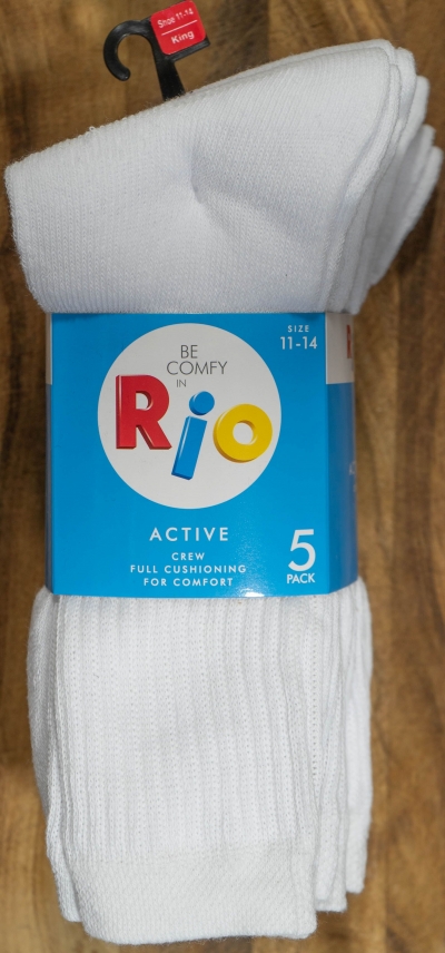 Rio Sock Men Cotton Crew White Size 11 5 Pack