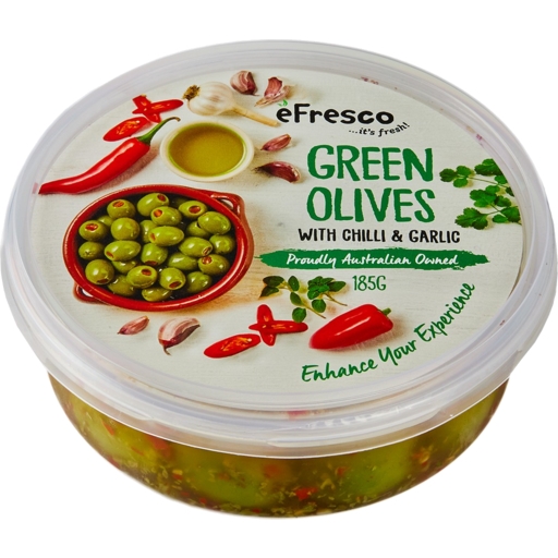 E Fresco Olives Green Chilli & Garlic 185g