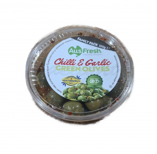 Ausfresh Olives Green Chilli & Garlic 300g