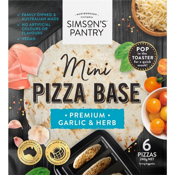 Simson's Pantry Mini Pizza Base Garlic & Herb 6 Pack 240g