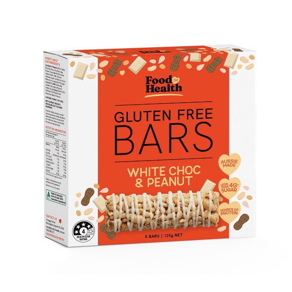 Food For Health Gluten Free Bars White Choc & Peanut 5 Pack 125g