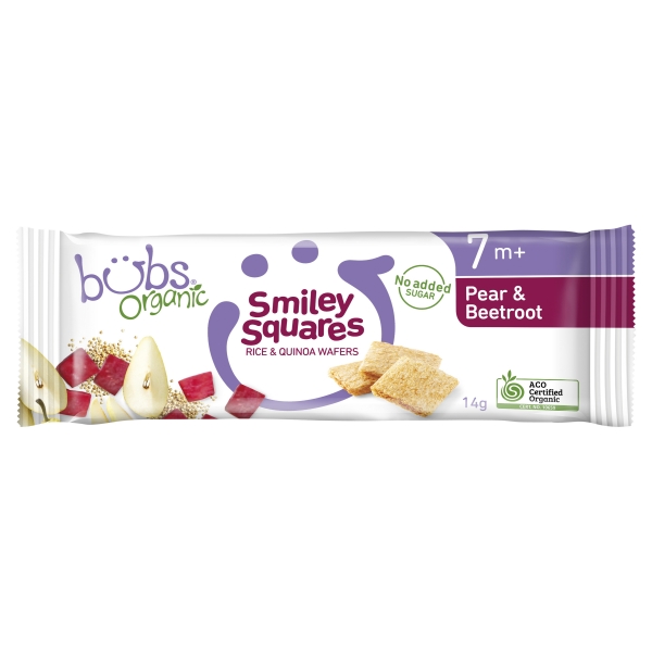 Bubs Organic Smiley Squares Pear & Beetroot 7 Months+ 14g