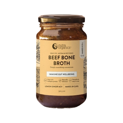 Nutra Organics Beef Bone Broth Concentrate Lemon Ginger ACV 390g (Wellbeing)