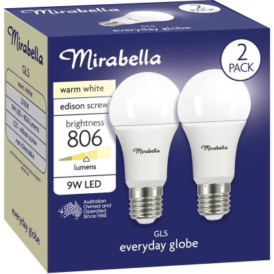 Mirabella Globe LED Edison Screw Warm White 9W 2 Pack